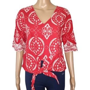 Free Generation Neiman Marcus Embroidered Eyelet Tie Front Short Sleeve Top